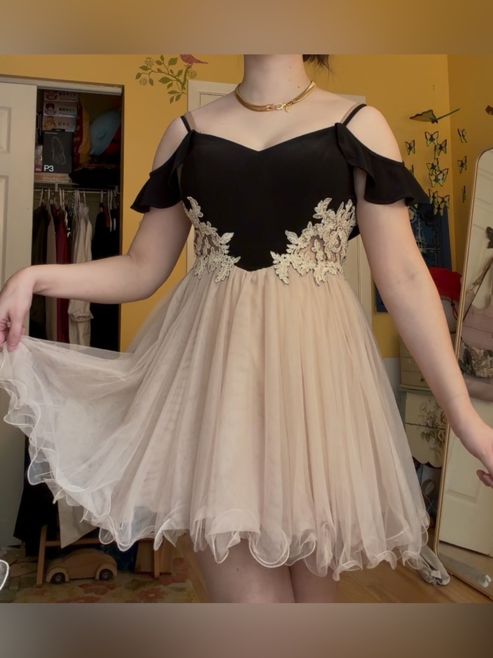 Black and champagne tulle prom dress